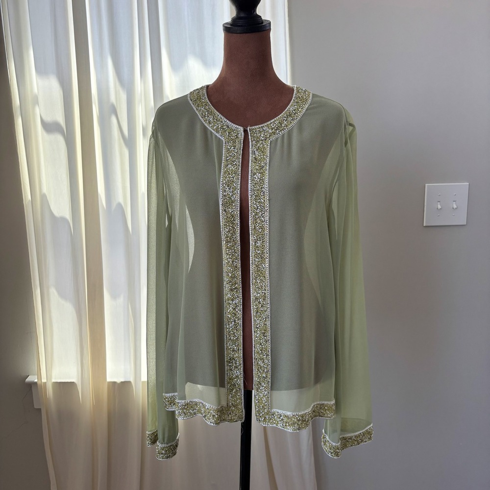 Vintage Sheer Beaded Top Jacket Cardigan Sage Green 90s Glam Fairy Grandma Chic